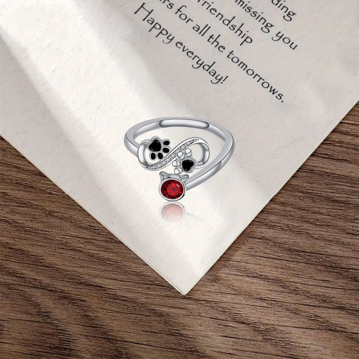 CrimsonPaw | Black Paw with Red Gemstone Accent | Adjustable Ring