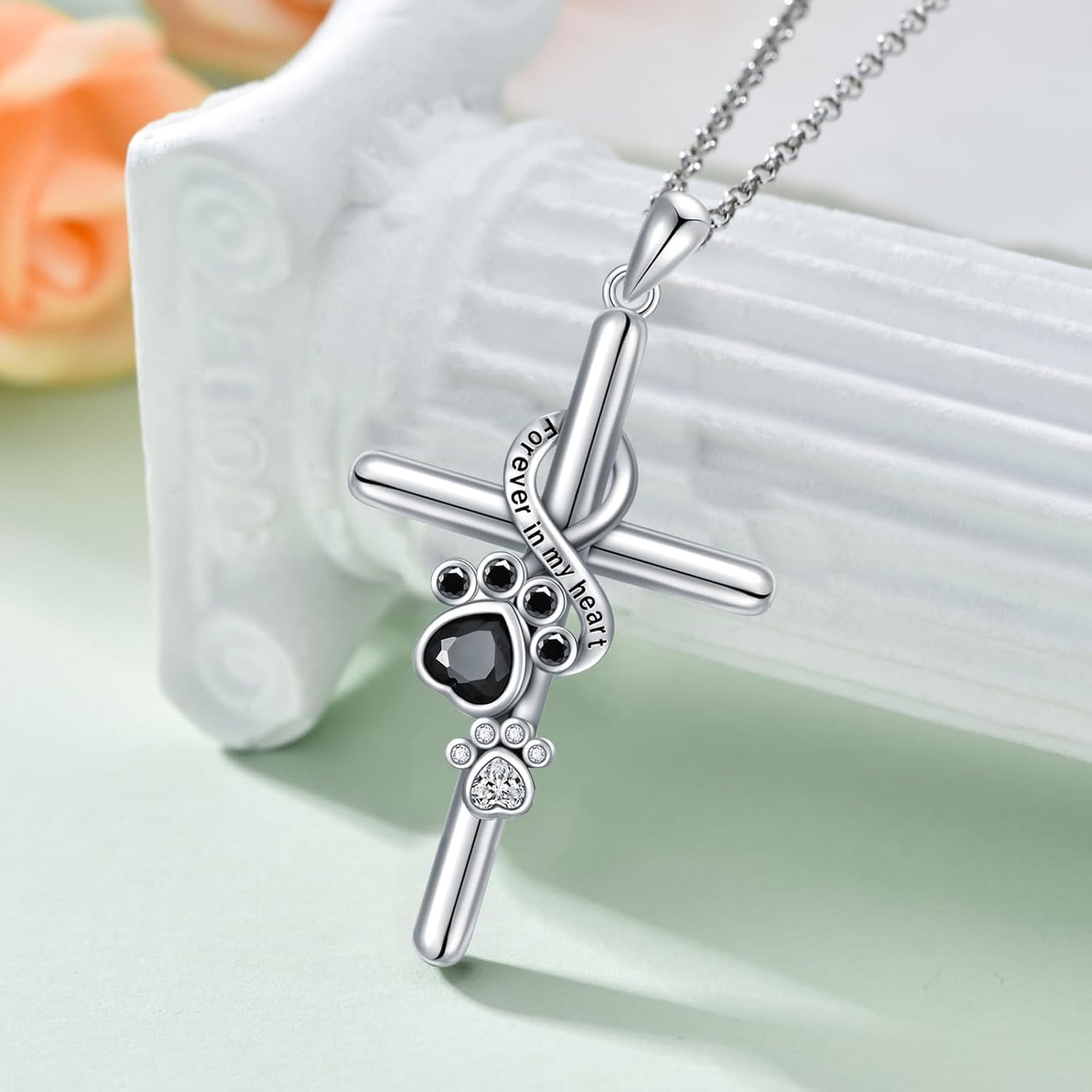 CelestiPaw | Eternal Faith | Sterling Silver Pawprint Cross Memorial Necklace