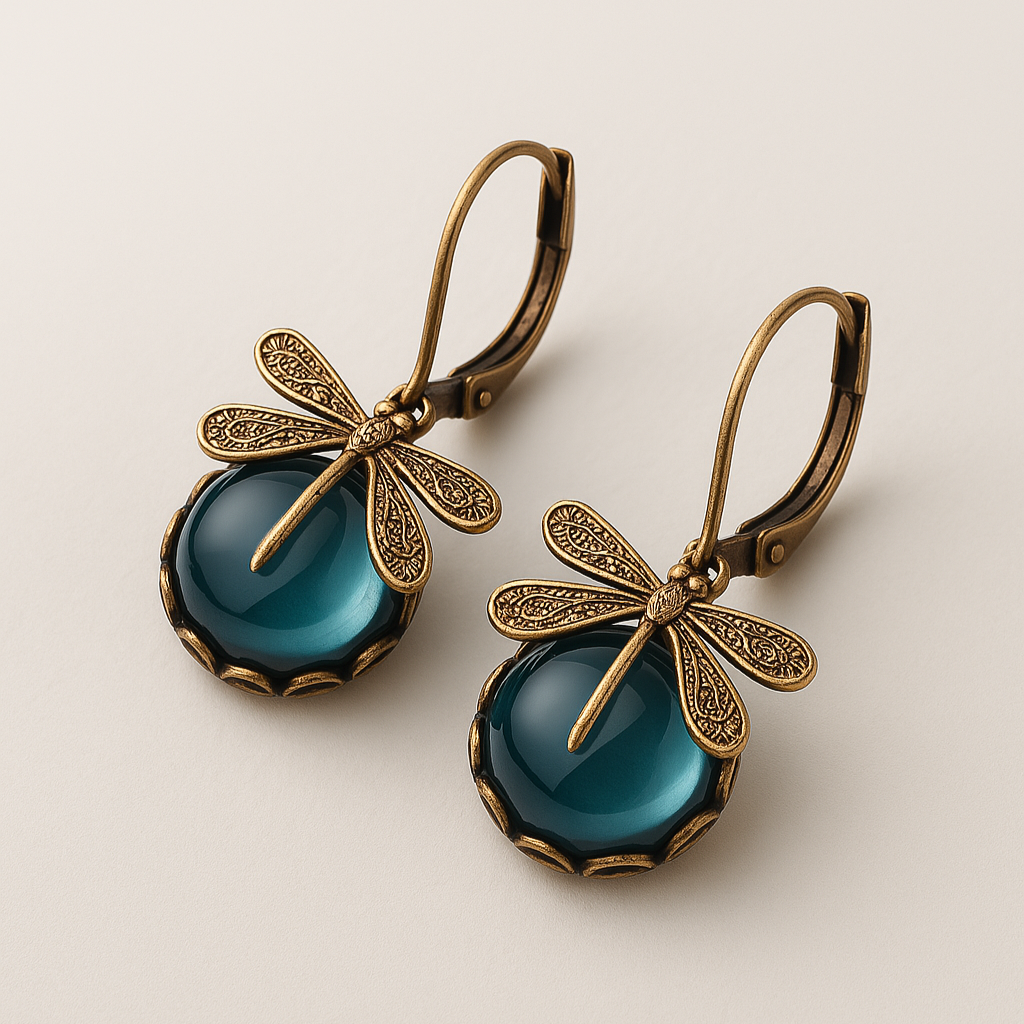 Aurora Wing | Spherical Dragonfly | Antique Gold Earrings