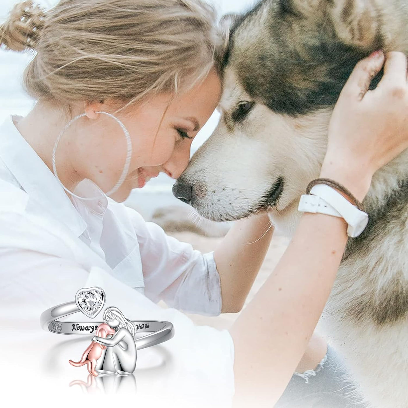 LunaBond | Forever Companion | Sterling Silver Adjustable Dog & Girl Ring