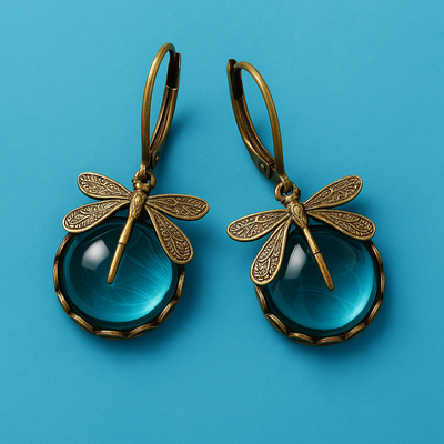 Aurora Wing | Spherical Dragonfly | Antique Gold Earrings