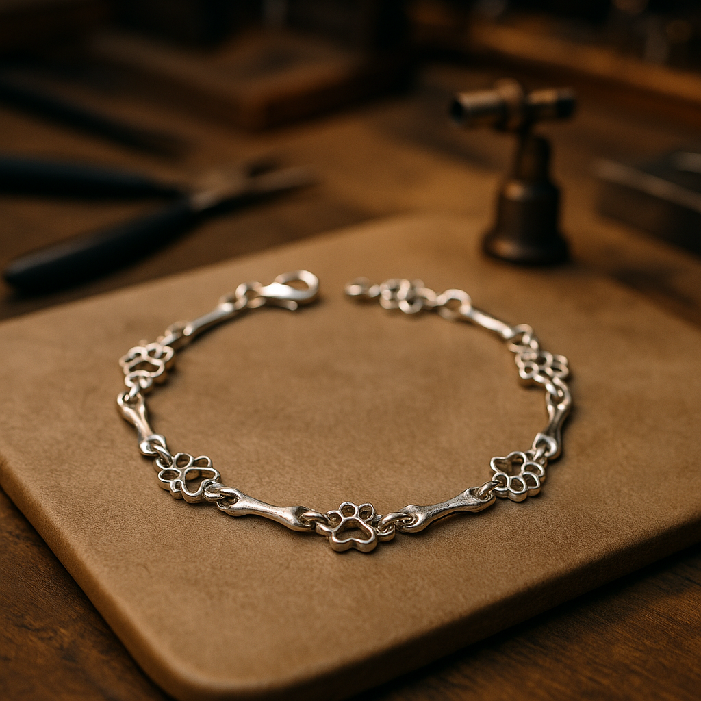 Four-Paw Elegance | 925 Silver Dog Paw & Bone | Charm Bracelet
