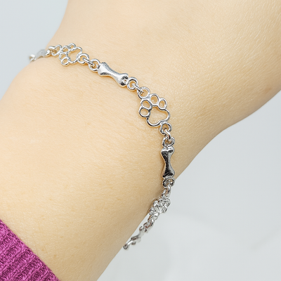 Four-Paw Elegance | 925 Silver Dog Paw & Bone | Charm Bracelet