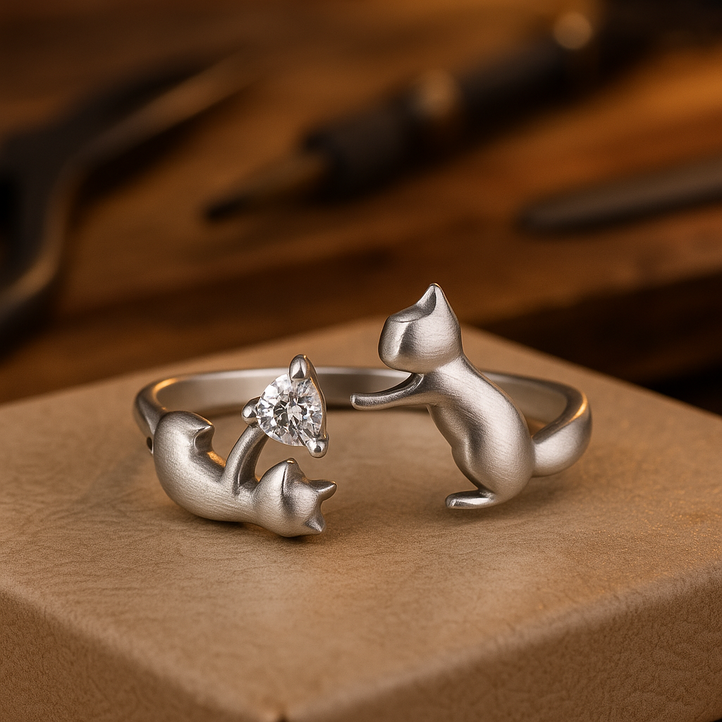 Midnight Purr | Sterling Silver Cat Accent | Zirconia Adjustable Ring