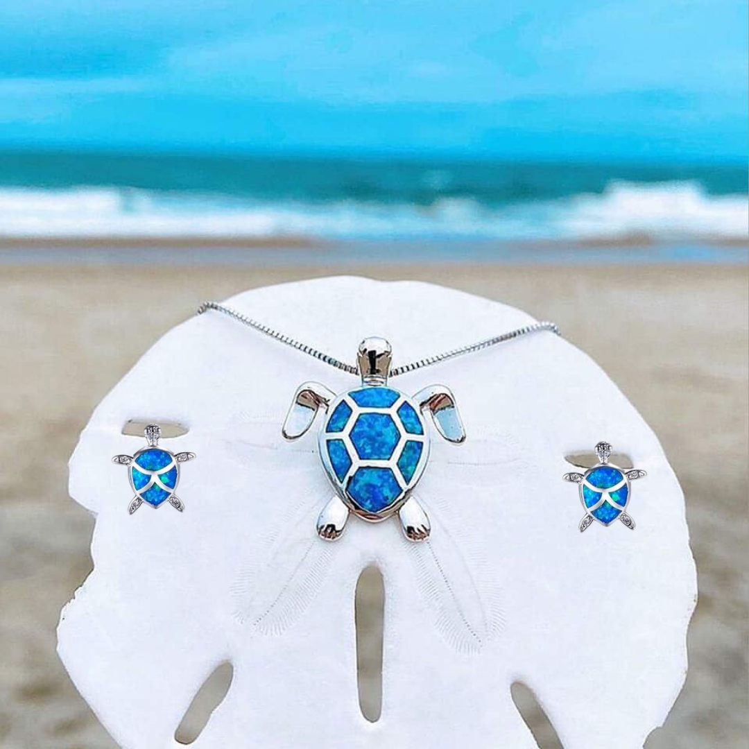 AquaTide | Ocean Serenity | Opal & Sterling Silver Sea Turtle Jewelry Set
