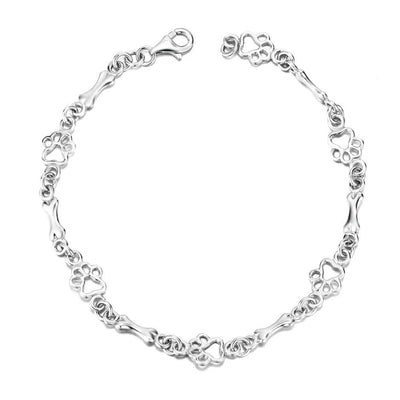 Four-Paw Elegance | 925 Silver Dog Paw & Bone | Charm Bracelet