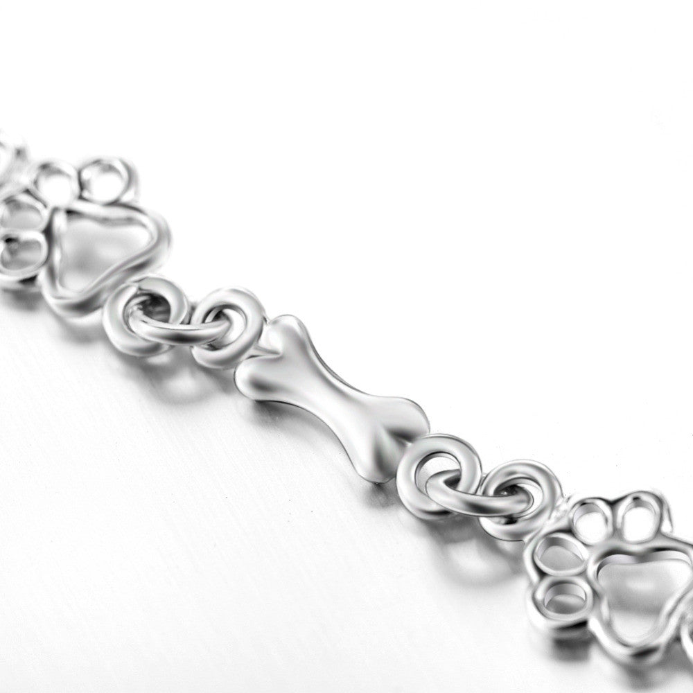 Four-Paw Elegance | 925 Silver Dog Paw & Bone | Charm Bracelet