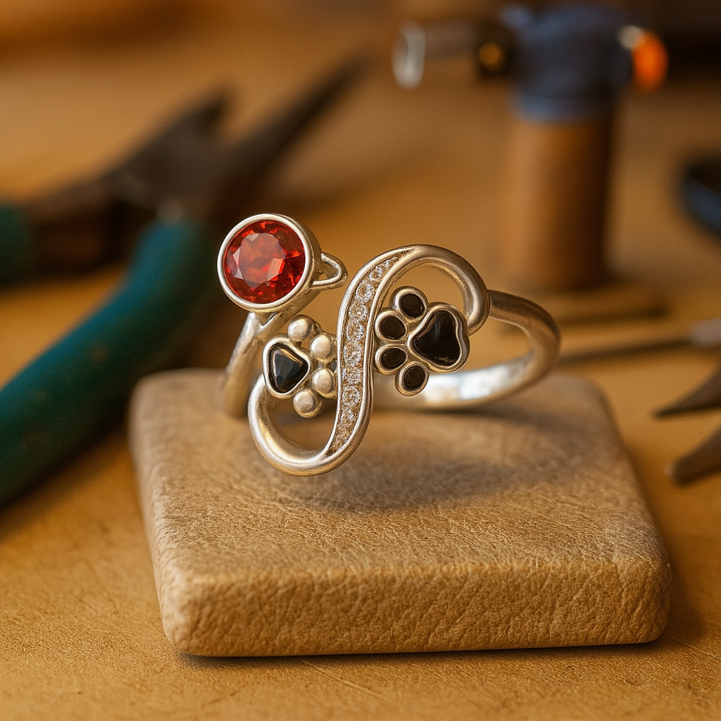 CrimsonPaw | Black Paw with Red Gemstone Accent | Adjustable Ring