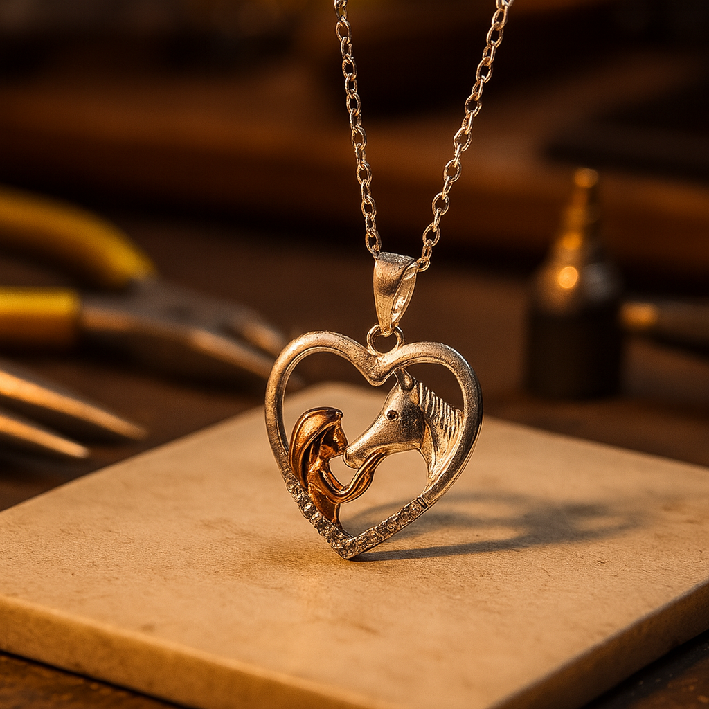 Equine Embrace | Pony & Girl Heart-Silhouette | Fine Zircon Pendant