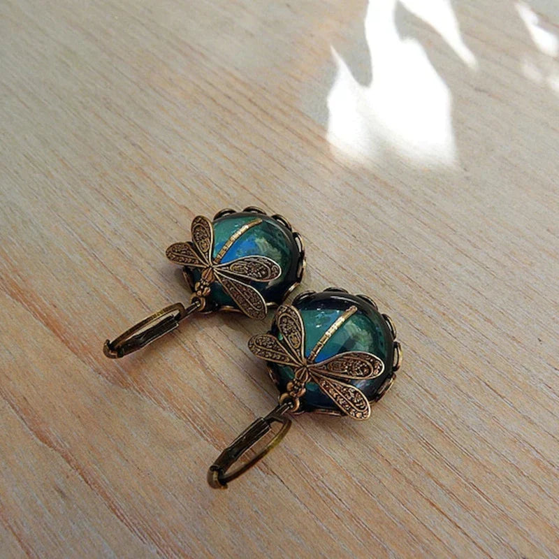 Aurora Wing | Spherical Dragonfly | Antique Gold Earrings