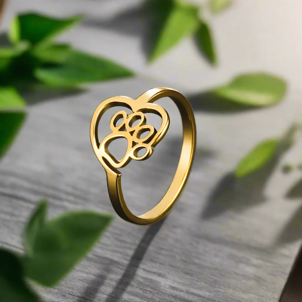 Pawlure | Gold-Tone Heart & Paw | Stainless Steel Ring