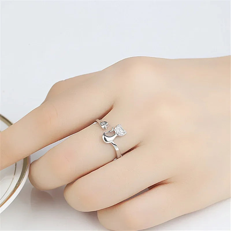 FelineLuxe | Sparkling Charm | Adjustable Cat Open Ring with Cubic Zirconia