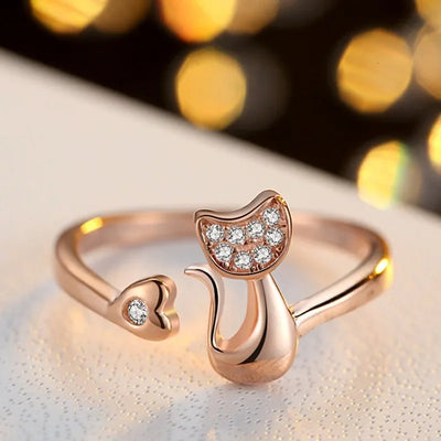FelineLuxe | Sparkling Charm | Adjustable Cat Open Ring with Cubic Zirconia