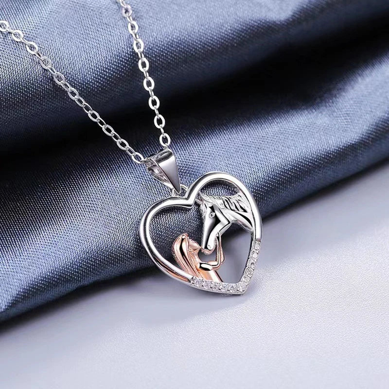 Equine Embrace | Pony & Girl Heart-Silhouette | Fine Zircon Pendant