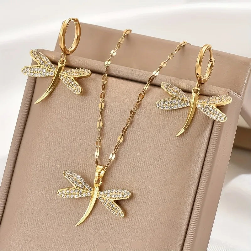 Seraphina | Golden Wings | Dragonfly Necklace & Earrings Set