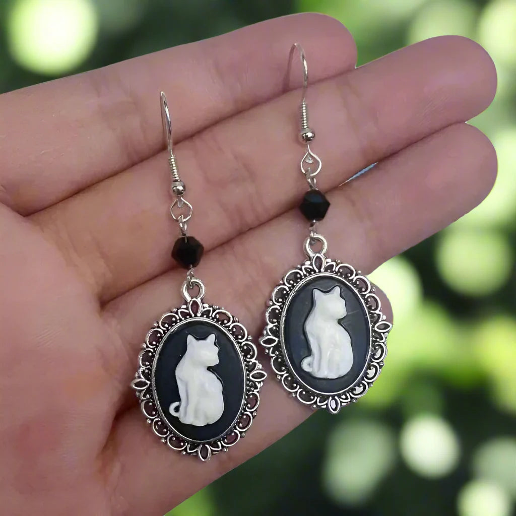 SilverMuse | Elegant Whispers | Vintage White Cat Drop Earrings