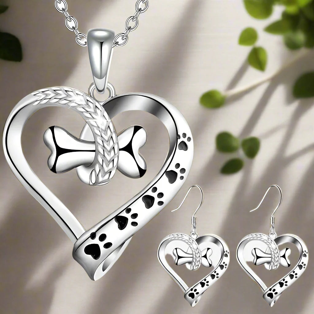 PawVine | Endless Affection | Sterling Silver Dog Paw Heart Necklace and Earring Set