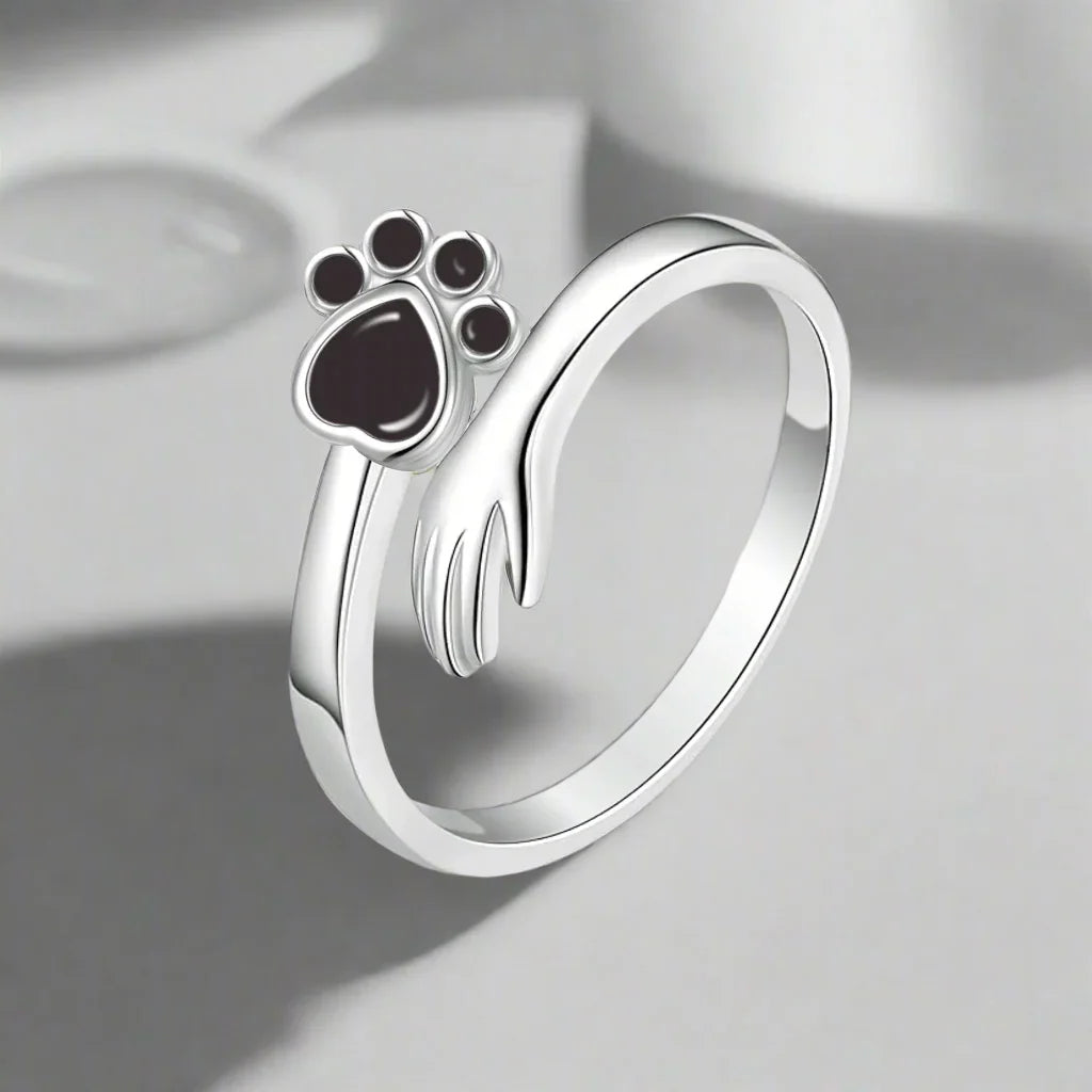 Eternal Paw-Print | Hand-and-Paw Sterling Connection | Adjustable Tribute Ring