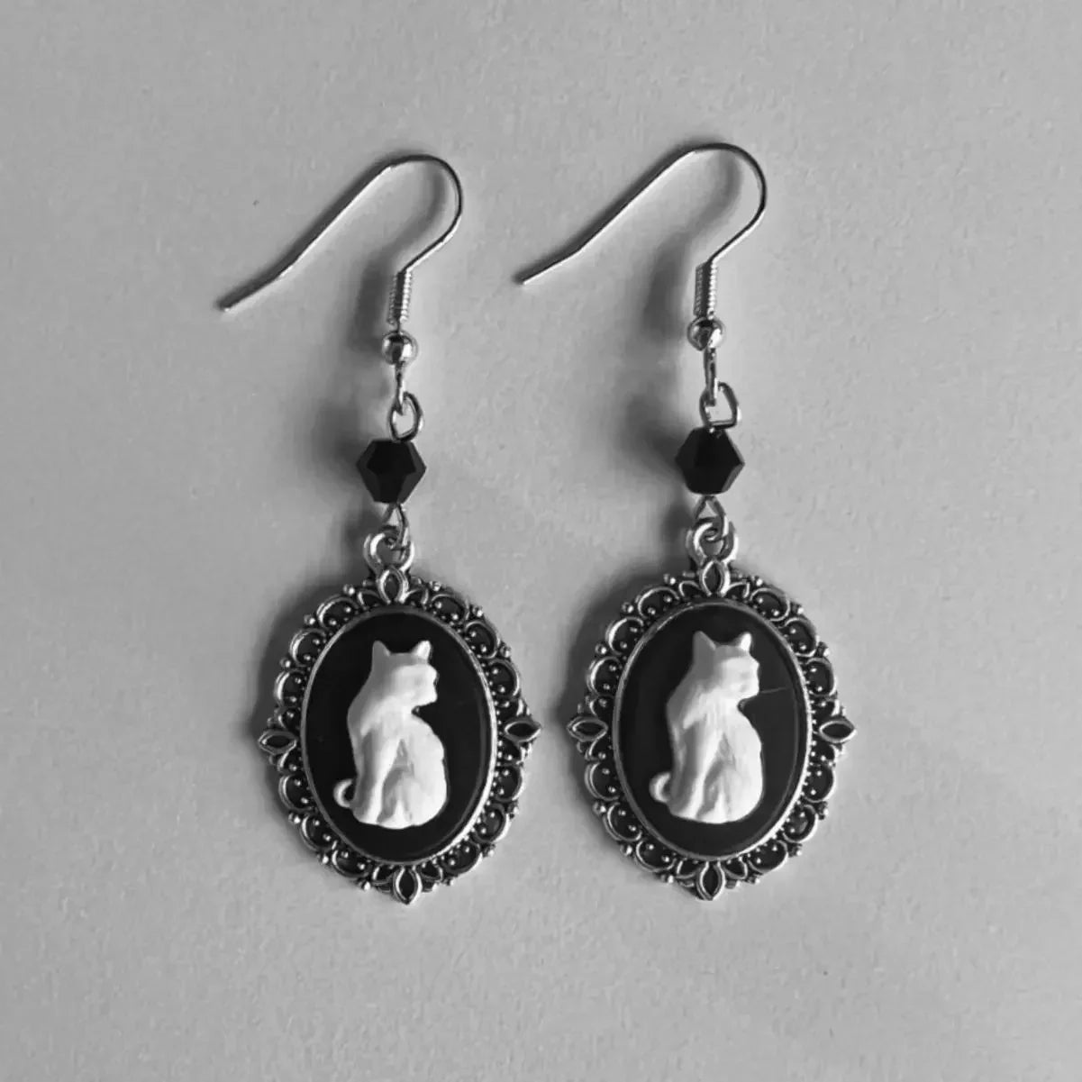 SilverMuse | Elegant Whispers | Vintage White Cat Drop Earrings