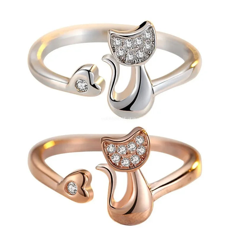 FelineLuxe | Sparkling Charm | Adjustable Cat Open Ring with Cubic Zirconia
