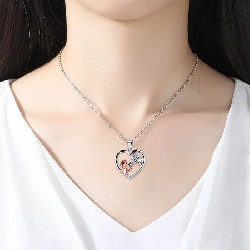 Equine Embrace | Pony & Girl Heart-Silhouette | Fine Zircon Pendant