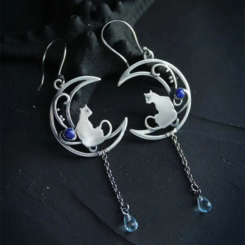 Selene | Moonlight Muse | Vintage Cat Earrings with Lapis Lazuli