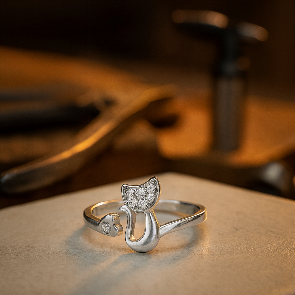 FelineLuxe | Sparkling Charm | Adjustable Cat Open Ring with Cubic Zirconia