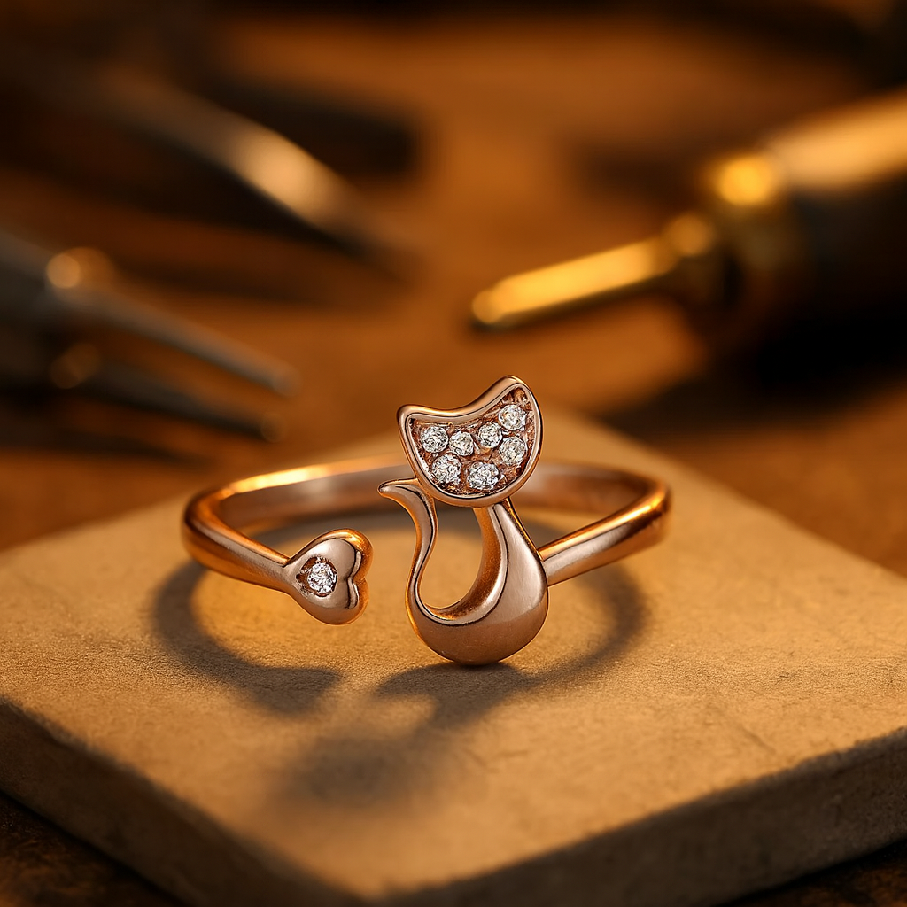 FelineLuxe | Sparkling Charm | Adjustable Cat Open Ring with Cubic Zirconia