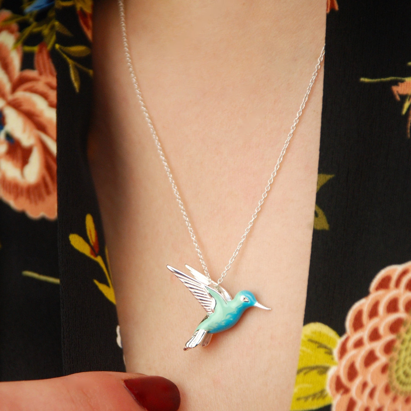 Whispering Wings | Turquoise Enamel Hummingbird | Sterling Silver Necklace