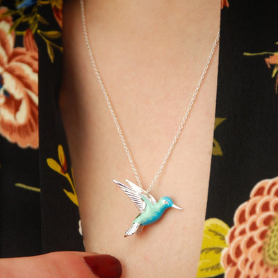 Whispering Wings | Turquoise Enamel Hummingbird | Sterling Silver Necklace