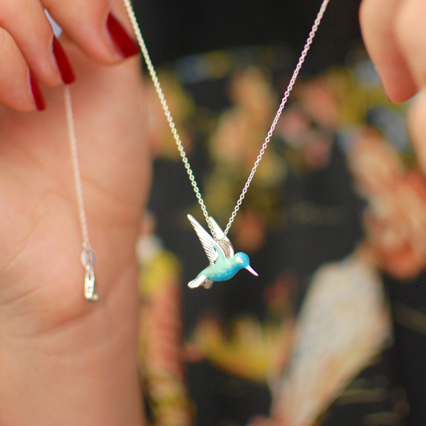 Whispering Wings | Turquoise Enamel Hummingbird | Sterling Silver Necklace