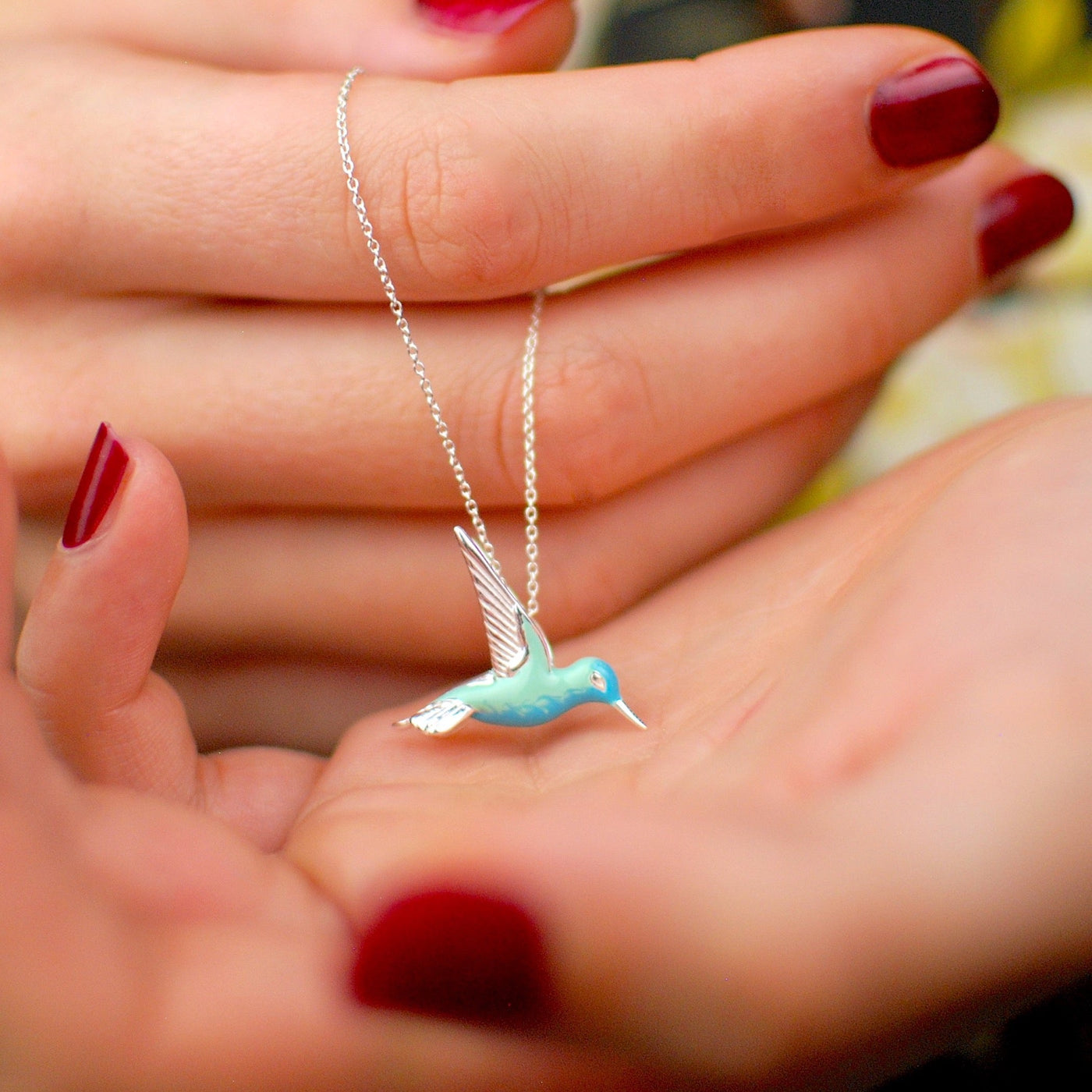 Whispering Wings | Turquoise Enamel Hummingbird | Sterling Silver Necklace
