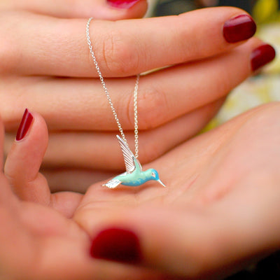 Whispering Wings | Turquoise Enamel Hummingbird | Sterling Silver Necklace