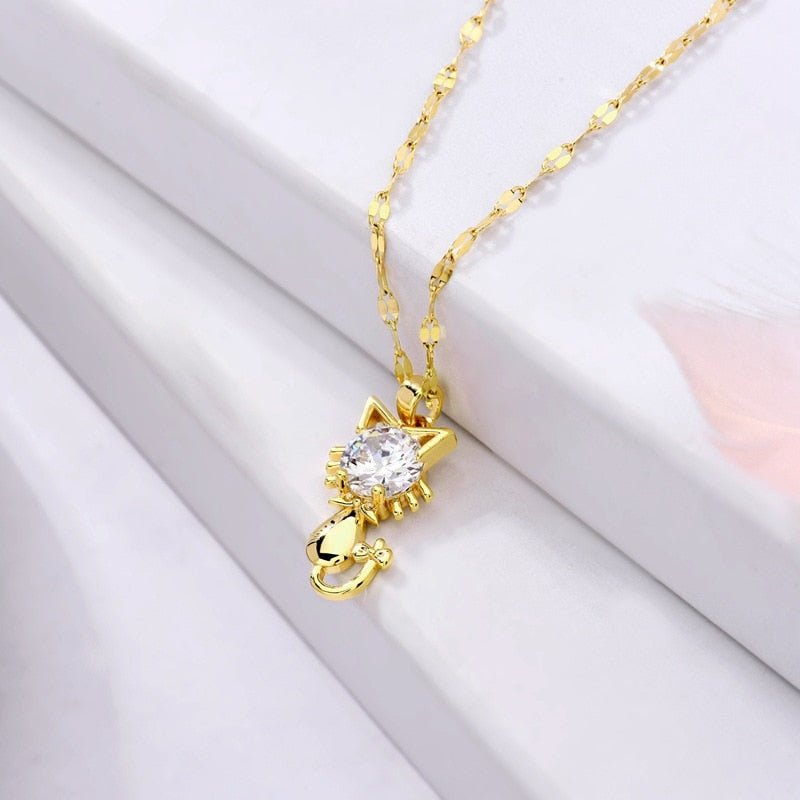 Purrlique | Gold-Plated with Sparkling Zircon | Cat Pendant Necklace