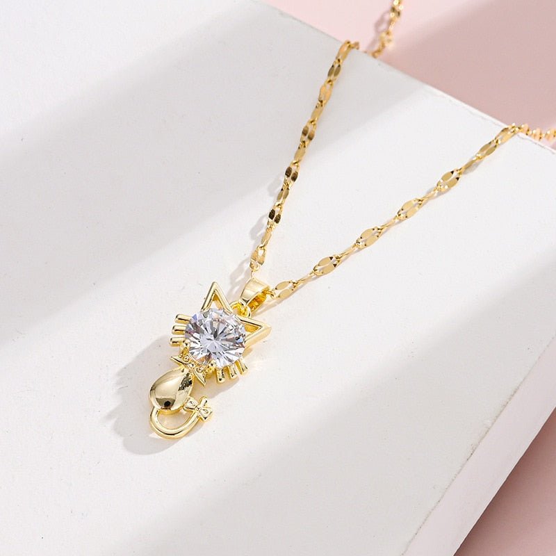Purrlique | Gold-Plated with Sparkling Zircon | Cat Pendant Necklace