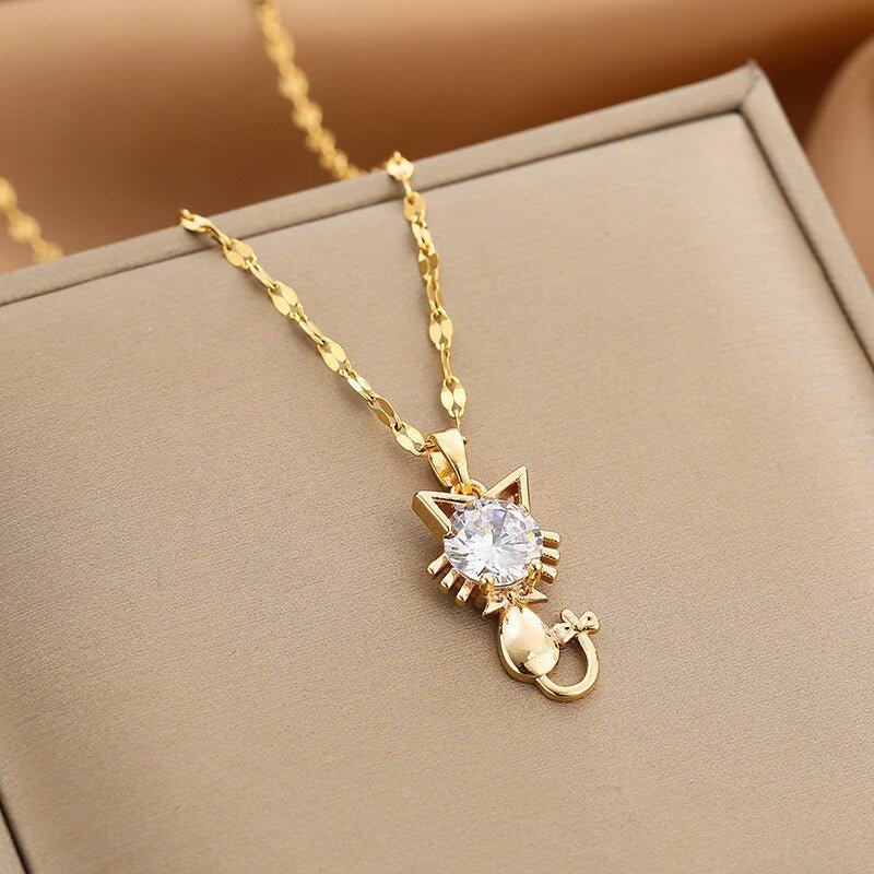 Purrlique | Gold-Plated with Sparkling Zircon | Cat Pendant Necklace