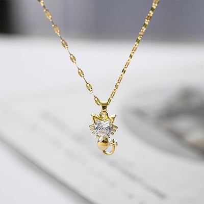 Purrlique | Gold-Plated with Sparkling Zircon | Cat Pendant Necklace