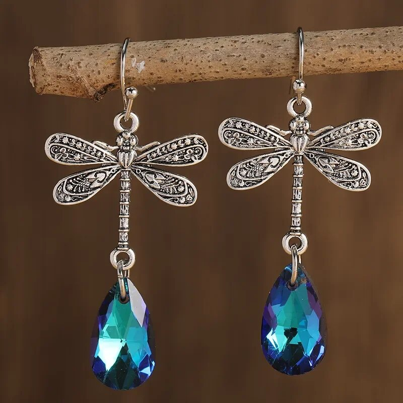 AquaFlair | Crystal Flight | Vintage Blue Zirconia Dragonfly Earrings