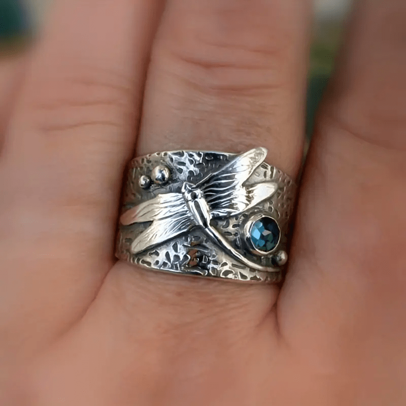 AquaLustra | Celestial Wings | Vintage Blue Crystal Dragonfly Silver Ring