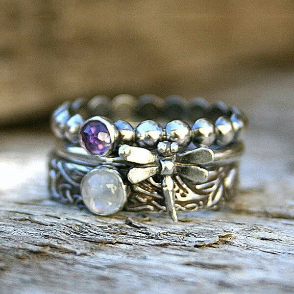 AmethystWings | Mystic Flight | Vintage Dragonfly Purple Zirconia Ring