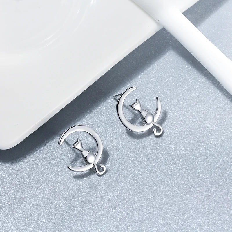 Lunar Purr Studs | Sterling Silver | Cat Earrings