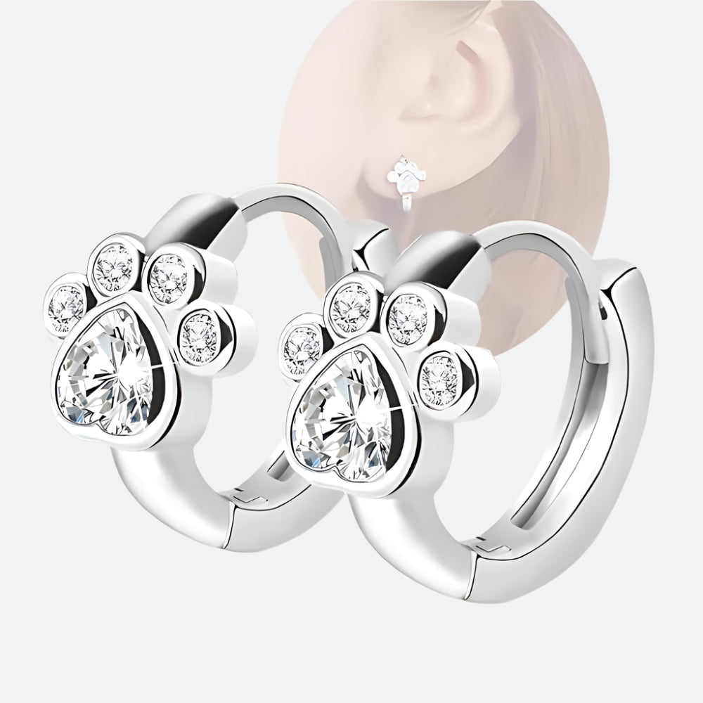PawGleam | Shining Bond | Sterling Silver Sparkly Paw Print Huggie Earrings