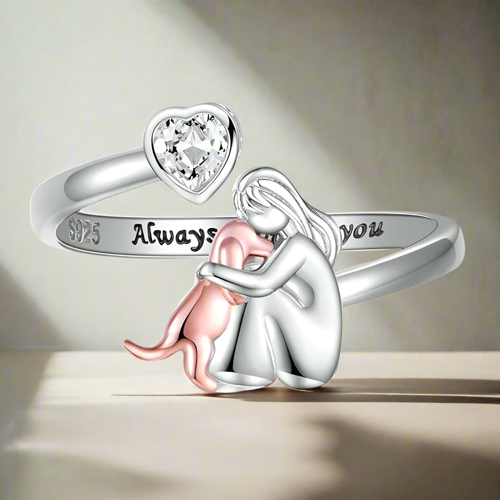 LunaBond | Forever Companion | Sterling Silver Adjustable Dog & Girl Ring